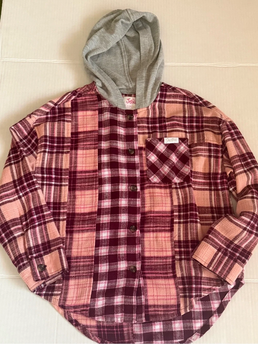 Justice Pink and Burgundy Plaid Hooded Button-Down Shirt